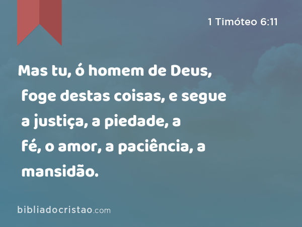 Mas tu, ó homem de Deus, foge destas coisas, e segue a justiça, a piedade, a fé, o amor, a paciência, a mansidão. - 1 Timóteo 6:11