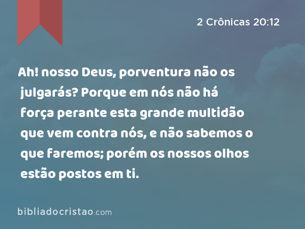 Ah! nosso Deus, porventura não os julgarás? Porque em nós não há força perante esta grande multidão que vem contra nós, e não sabemos o que faremos; porém os nossos olhos estão postos em ti. - 2 Crônicas 20:12