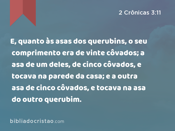 E, quanto às asas dos querubins, o seu comprimento era de vinte côvados; a asa de um deles, de cinco côvados, e tocava na parede da casa; e a outra asa de cinco côvados, e tocava na asa do outro querubim. - 2 Crônicas 3:11