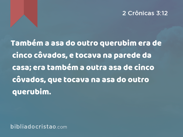 Também a asa do outro querubim era de cinco côvados, e tocava na parede da casa; era também a outra asa de cinco côvados, que tocava na asa do outro querubim. - 2 Crônicas 3:12