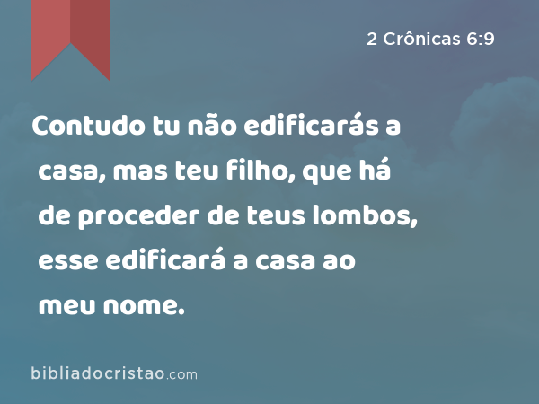 Contudo tu não edificarás a casa, mas teu filho, que há de proceder de teus lombos, esse edificará a casa ao meu nome. - 2 Crônicas 6:9