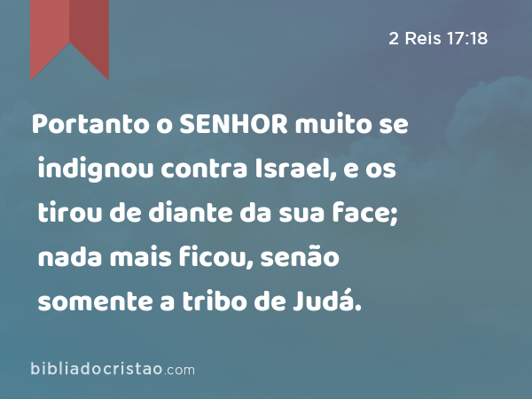 Portanto o SENHOR muito se indignou contra Israel, e os tirou de diante da sua face; nada mais ficou, senão somente a tribo de Judá. - 2 Reis 17:18