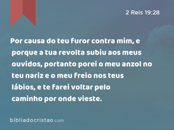 Por causa do teu furor contra mim, e porque a tua revolta subiu aos meus ouvidos, portanto porei o meu anzol no teu nariz e o meu freio nos teus lábios, e te farei voltar pelo caminho por onde vieste. - 2 Reis 19:28