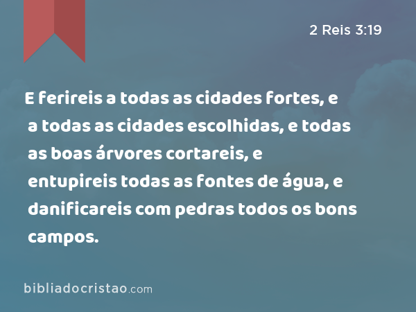 E ferireis a todas as cidades fortes, e a todas as cidades escolhidas, e todas as boas árvores cortareis, e entupireis todas as fontes de água, e danificareis com pedras todos os bons campos. - 2 Reis 3:19