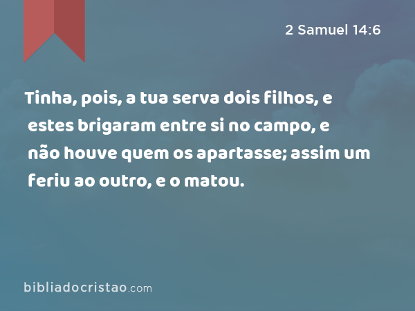 Tinha, pois, a tua serva dois filhos, e estes brigaram entre si no campo, e não houve quem os apartasse; assim um feriu ao outro, e o matou. - 2 Samuel 14:6