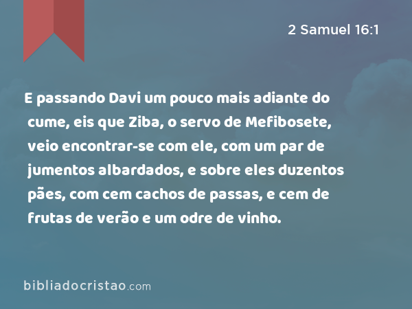 E passando Davi um pouco mais adiante do cume, eis que Ziba, o servo de Mefibosete, veio encontrar-se com ele, com um par de jumentos albardados, e sobre eles duzentos pães, com cem cachos de passas, e cem de frutas de verão e um odre de vinho. - 2 Samuel 16:1