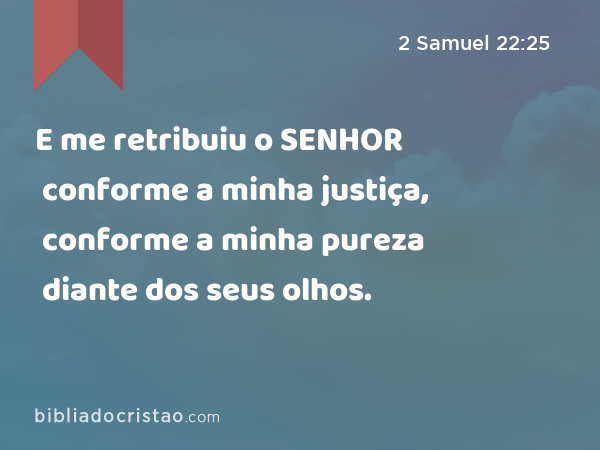 E me retribuiu o SENHOR conforme a minha justiça, conforme a minha pureza diante dos seus olhos. - 2 Samuel 22:25