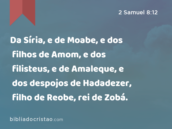 Da Síria, e de Moabe, e dos filhos de Amom, e dos filisteus, e de Amaleque, e dos despojos de Hadadezer, filho de Reobe, rei de Zobá. - 2 Samuel 8:12