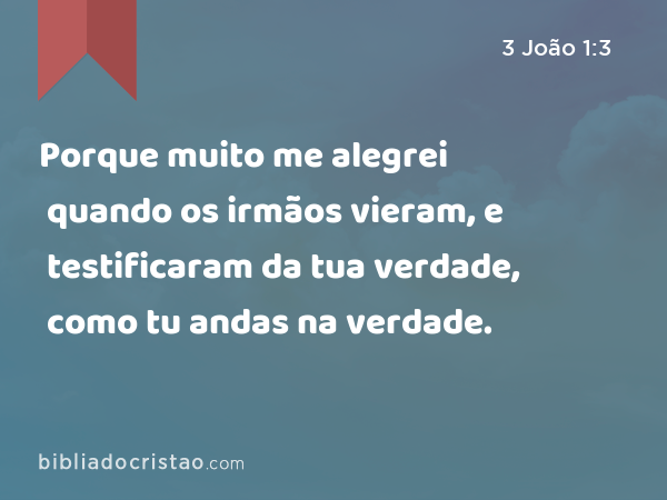 Porque muito me alegrei quando os irmãos vieram, e testificaram da tua verdade, como tu andas na verdade. - 3 João 1:3