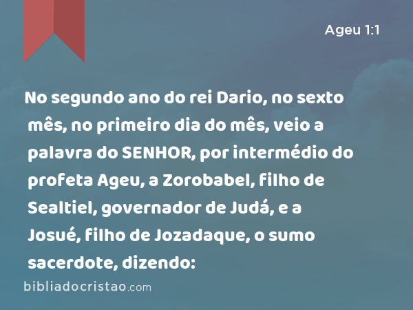 No segundo ano do rei Dario, no sexto mês, no primeiro dia do mês, veio a palavra do SENHOR, por intermédio do profeta Ageu, a Zorobabel, filho de Sealtiel, governador de Judá, e a Josué, filho de Jozadaque, o sumo sacerdote, dizendo: - Ageu 1:1