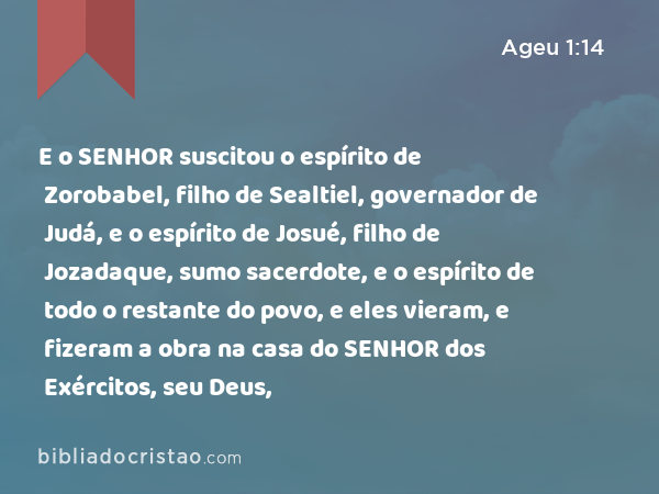 E o SENHOR suscitou o espírito de Zorobabel, filho de Sealtiel, governador de Judá, e o espírito de Josué, filho de Jozadaque, sumo sacerdote, e o espírito de todo o restante do povo, e eles vieram, e fizeram a obra na casa do SENHOR dos Exércitos, seu Deus, - Ageu 1:14