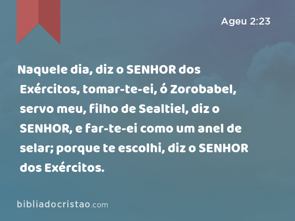 Naquele dia, diz o SENHOR dos Exércitos, tomar-te-ei, ó Zorobabel, servo meu, filho de Sealtiel, diz o SENHOR, e far-te-ei como um anel de selar; porque te escolhi, diz o SENHOR dos Exércitos. - Ageu 2:23