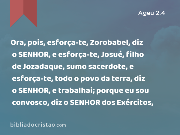 Ora, pois, esforça-te, Zorobabel, diz o SENHOR, e esforça-te, Josué, filho de Jozadaque, sumo sacerdote, e esforça-te, todo o povo da terra, diz o SENHOR, e trabalhai; porque eu sou convosco, diz o SENHOR dos Exércitos, - Ageu 2:4