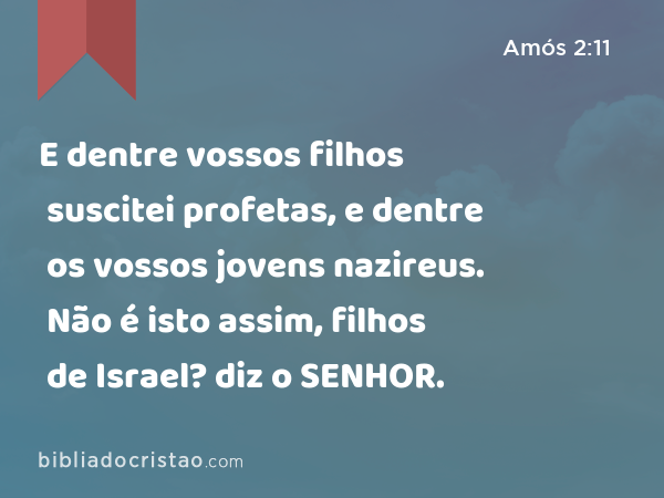 E dentre vossos filhos suscitei profetas, e dentre os vossos jovens nazireus. Não é isto assim, filhos de Israel? diz o SENHOR. - Amós 2:11