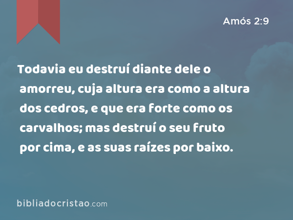 Todavia eu destruí diante dele o amorreu, cuja altura era como a altura dos cedros, e que era forte como os carvalhos; mas destruí o seu fruto por cima, e as suas raízes por baixo. - Amós 2:9