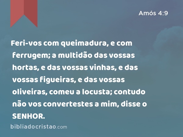 Feri-vos com queimadura, e com ferrugem; a multidão das vossas hortas, e das vossas vinhas, e das vossas figueiras, e das vossas oliveiras, comeu a locusta; contudo não vos convertestes a mim, disse o SENHOR. - Amós 4:9