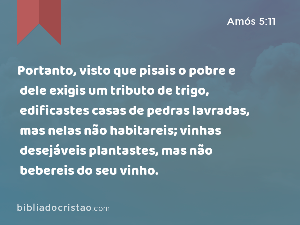 Portanto, visto que pisais o pobre e dele exigis um tributo de trigo, edificastes casas de pedras lavradas, mas nelas não habitareis; vinhas desejáveis plantastes, mas não bebereis do seu vinho. - Amós 5:11