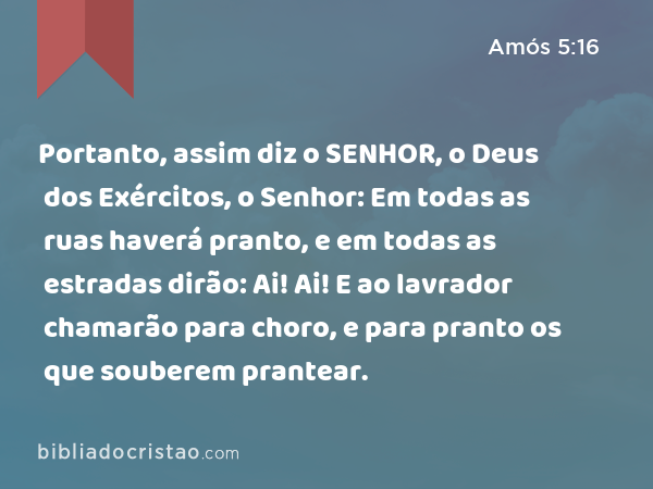 Portanto, assim diz o SENHOR, o Deus dos Exércitos, o Senhor: Em todas as ruas haverá pranto, e em todas as estradas dirão: Ai! Ai! E ao lavrador chamarão para choro, e para pranto os que souberem prantear. - Amós 5:16