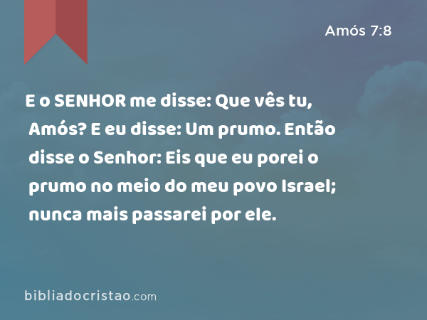 E o SENHOR me disse: Que vês tu, Amós? E eu disse: Um prumo. Então disse o Senhor: Eis que eu porei o prumo no meio do meu povo Israel; nunca mais passarei por ele. - Amós 7:8