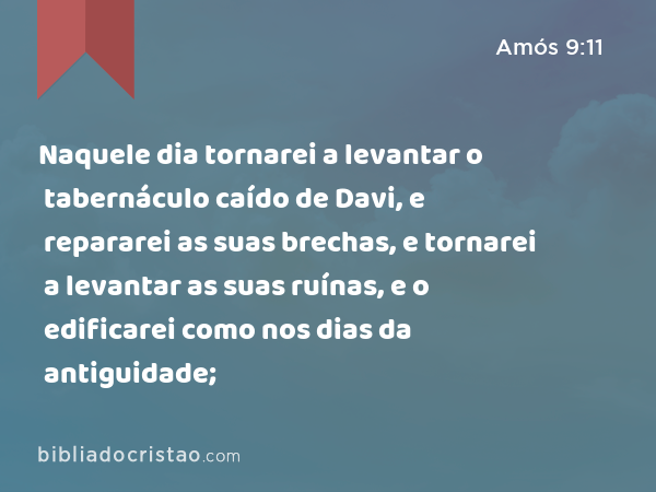 Naquele dia tornarei a levantar o tabernáculo caído de Davi, e repararei as suas brechas, e tornarei a levantar as suas ruínas, e o edificarei como nos dias da antiguidade; - Amós 9:11