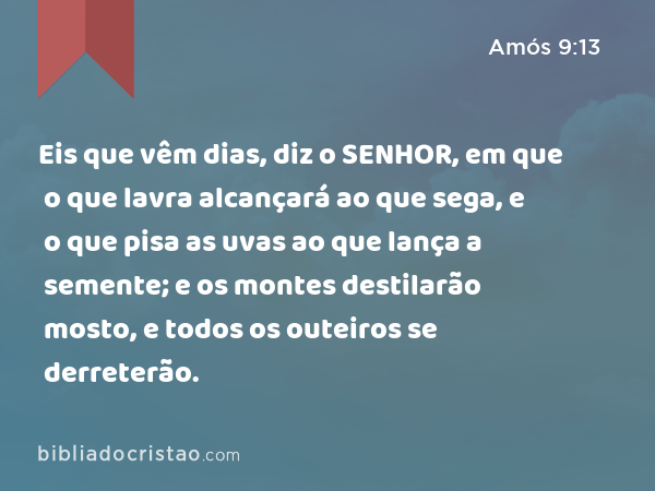 Eis que vêm dias, diz o SENHOR, em que o que lavra alcançará ao que sega, e o que pisa as uvas ao que lança a semente; e os montes destilarão mosto, e todos os outeiros se derreterão. - Amós 9:13