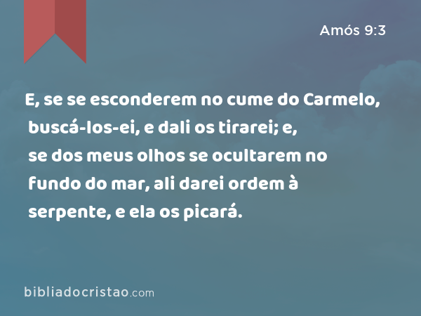 E, se se esconderem no cume do Carmelo, buscá-los-ei, e dali os tirarei; e, se dos meus olhos se ocultarem no fundo do mar, ali darei ordem à serpente, e ela os picará. - Amós 9:3