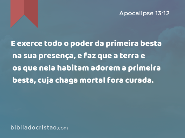 E exerce todo o poder da primeira besta na sua presença, e faz que a terra e os que nela habitam adorem a primeira besta, cuja chaga mortal fora curada. - Apocalipse 13:12