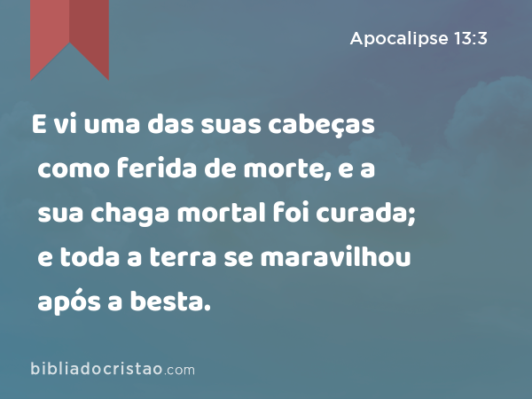 E vi uma das suas cabeças como ferida de morte, e a sua chaga mortal foi curada; e toda a terra se maravilhou após a besta. - Apocalipse 13:3