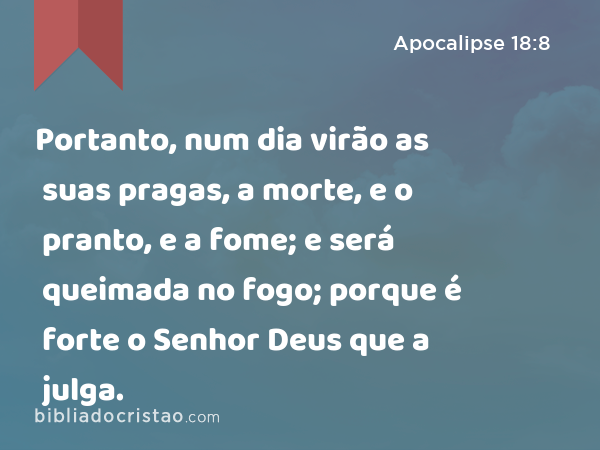 Portanto, num dia virão as suas pragas, a morte, e o pranto, e a fome; e será queimada no fogo; porque é forte o Senhor Deus que a julga. - Apocalipse 18:8