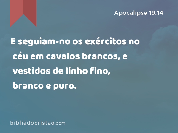 E seguiam-no os exércitos no céu em cavalos brancos, e vestidos de linho fino, branco e puro. - Apocalipse 19:14