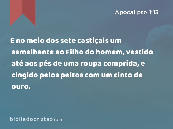 E no meio dos sete castiçais um semelhante ao Filho do homem, vestido até aos pés de uma roupa comprida, e cingido pelos peitos com um cinto de ouro. - Apocalipse 1:13