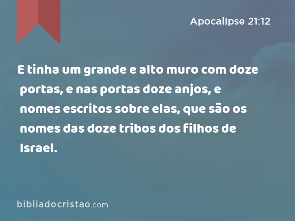 E tinha um grande e alto muro com doze portas, e nas portas doze anjos, e nomes escritos sobre elas, que são os nomes das doze tribos dos filhos de Israel. - Apocalipse 21:12