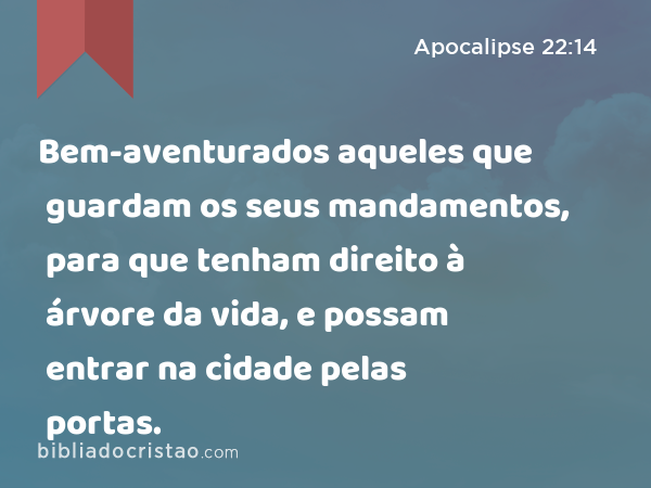 Bem-aventurados aqueles que guardam os seus mandamentos, para que tenham direito à árvore da vida, e possam entrar na cidade pelas portas. - Apocalipse 22:14