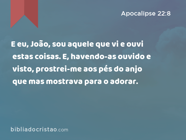 E eu, João, sou aquele que vi e ouvi estas coisas. E, havendo-as ouvido e visto, prostrei-me aos pés do anjo que mas mostrava para o adorar. - Apocalipse 22:8