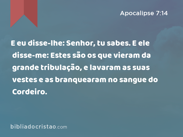 E eu disse-lhe: Senhor, tu sabes. E ele disse-me: Estes são os que vieram da grande tribulação, e lavaram as suas vestes e as branquearam no sangue do Cordeiro. - Apocalipse 7:14