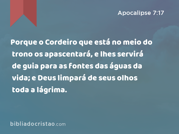 Porque o Cordeiro que está no meio do trono os apascentará, e lhes servirá de guia para as fontes das águas da vida; e Deus limpará de seus olhos toda a lágrima. - Apocalipse 7:17