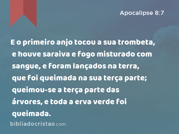 E o primeiro anjo tocou a sua trombeta, e houve saraiva e fogo misturado com sangue, e foram lançados na terra, que foi queimada na sua terça parte; queimou-se a terça parte das árvores, e toda a erva verde foi queimada. - Apocalipse 8:7