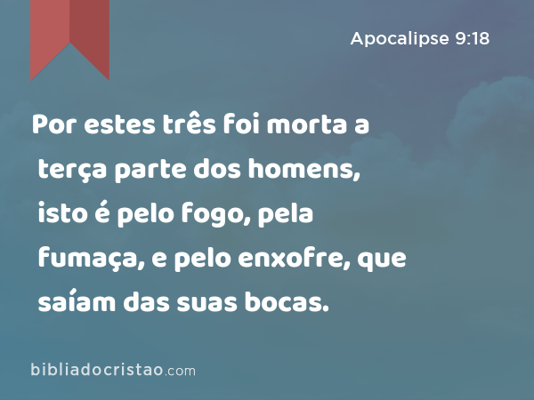 Por estes três foi morta a terça parte dos homens, isto é pelo fogo, pela fumaça, e pelo enxofre, que saíam das suas bocas. - Apocalipse 9:18