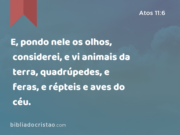 E, pondo nele os olhos, considerei, e vi animais da terra, quadrúpedes, e feras, e répteis e aves do céu. - Atos 11:6