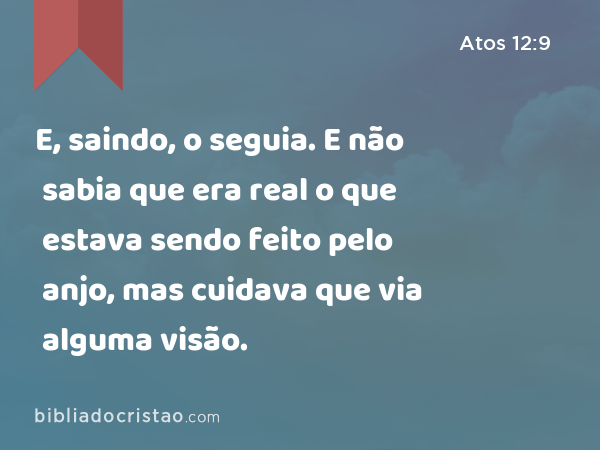 E, saindo, o seguia. E não sabia que era real o que estava sendo feito pelo anjo, mas cuidava que via alguma visão. - Atos 12:9