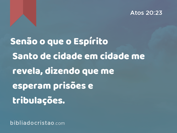 Senão o que o Espírito Santo de cidade em cidade me revela, dizendo que me esperam prisões e tribulações. - Atos 20:23