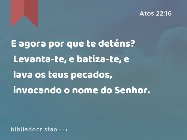 E agora por que te deténs? Levanta-te, e batiza-te, e lava os teus pecados, invocando o nome do Senhor. - Atos 22:16