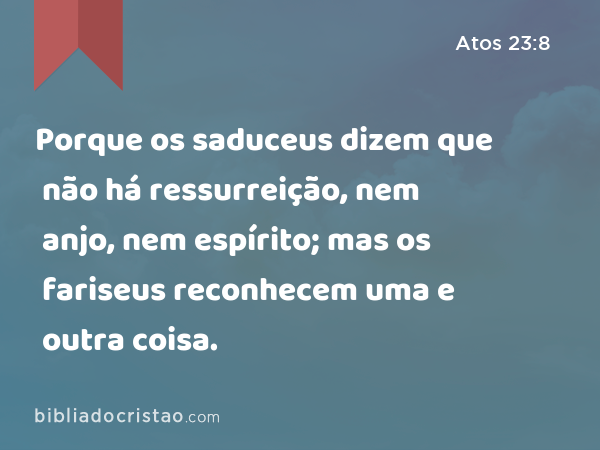 Porque os saduceus dizem que não há ressurreição, nem anjo, nem espírito; mas os fariseus reconhecem uma e outra coisa. - Atos 23:8