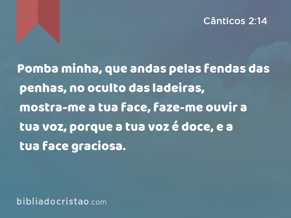 Pomba minha, que andas pelas fendas das penhas, no oculto das ladeiras, mostra-me a tua face, faze-me ouvir a tua voz, porque a tua voz é doce, e a tua face graciosa. - Cânticos 2:14