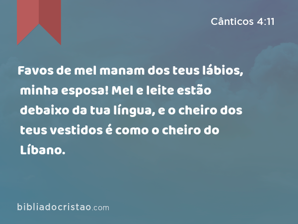 Favos de mel manam dos teus lábios, minha esposa! Mel e leite estão debaixo da tua língua, e o cheiro dos teus vestidos é como o cheiro do Líbano. - Cânticos 4:11