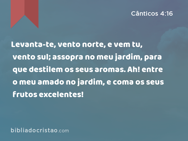 Levanta-te, vento norte, e vem tu, vento sul; assopra no meu jardim, para que destilem os seus aromas. Ah! entre o meu amado no jardim, e coma os seus frutos excelentes! - Cânticos 4:16