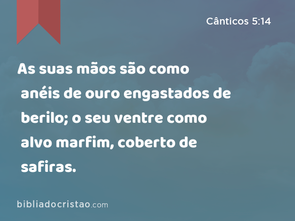 As suas mãos são como anéis de ouro engastados de berilo; o seu ventre como alvo marfim, coberto de safiras. - Cânticos 5:14