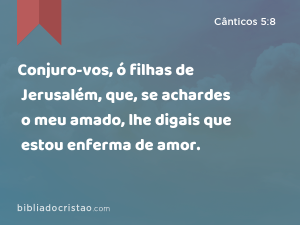 Conjuro-vos, ó filhas de Jerusalém, que, se achardes o meu amado, lhe digais que estou enferma de amor. - Cânticos 5:8