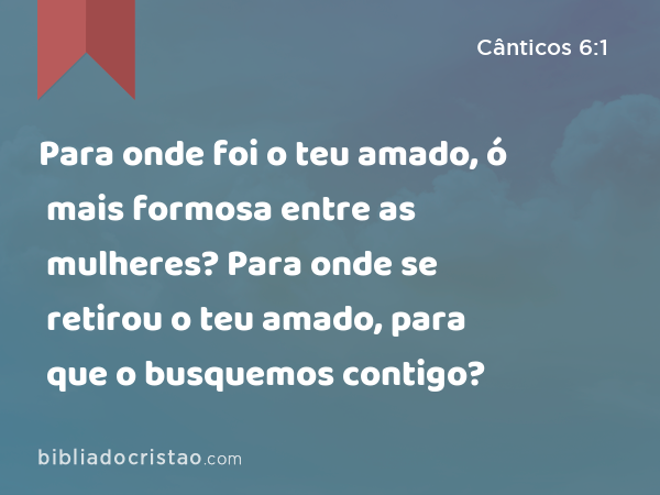 Para onde foi o teu amado, ó mais formosa entre as mulheres? Para onde se retirou o teu amado, para que o busquemos contigo? - Cânticos 6:1