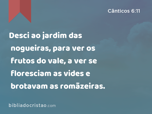 Desci ao jardim das nogueiras, para ver os frutos do vale, a ver se floresciam as vides e brotavam as romãzeiras. - Cânticos 6:11